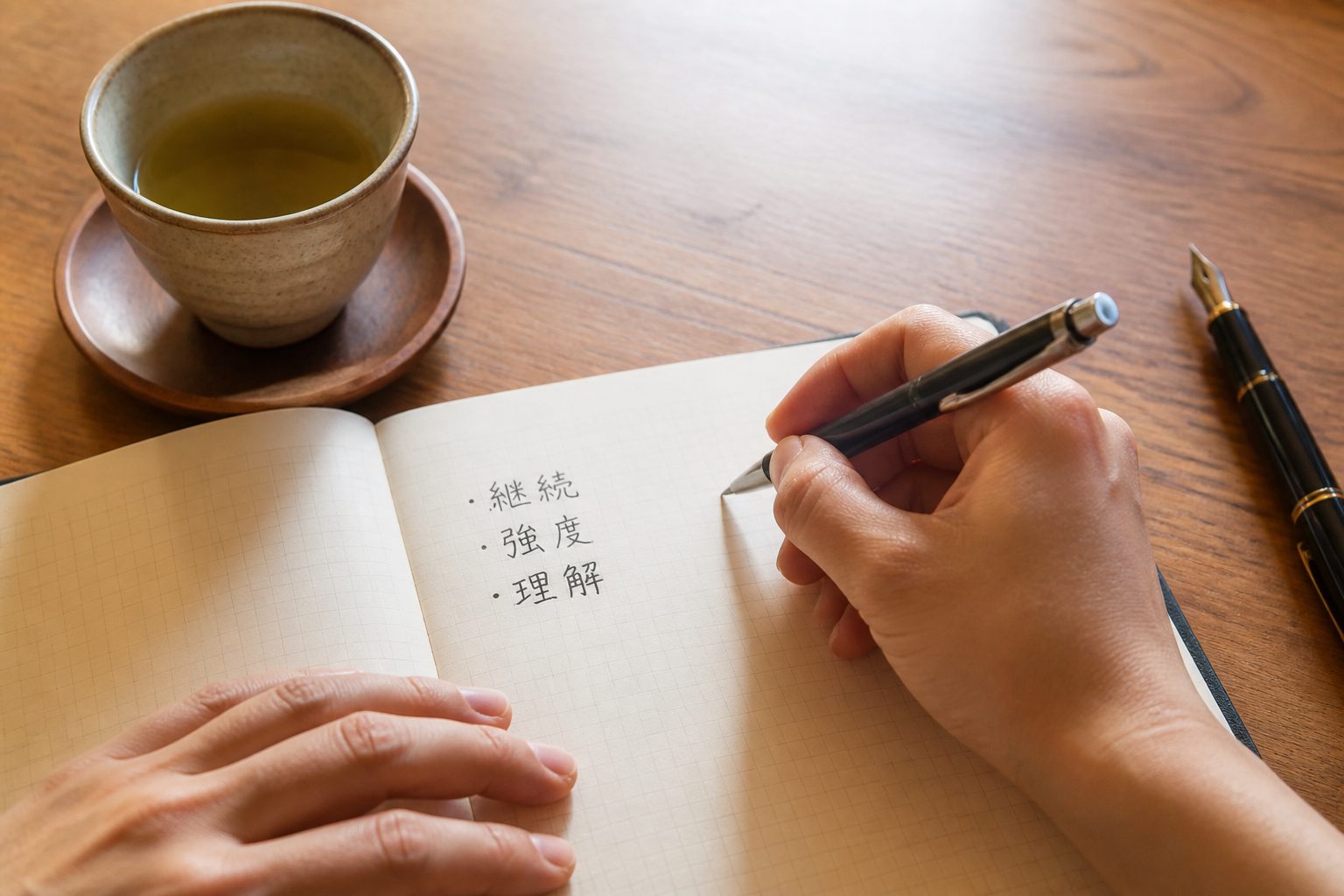 ノートに正直な言葉を書き込む手元（3つの質問ワーク）