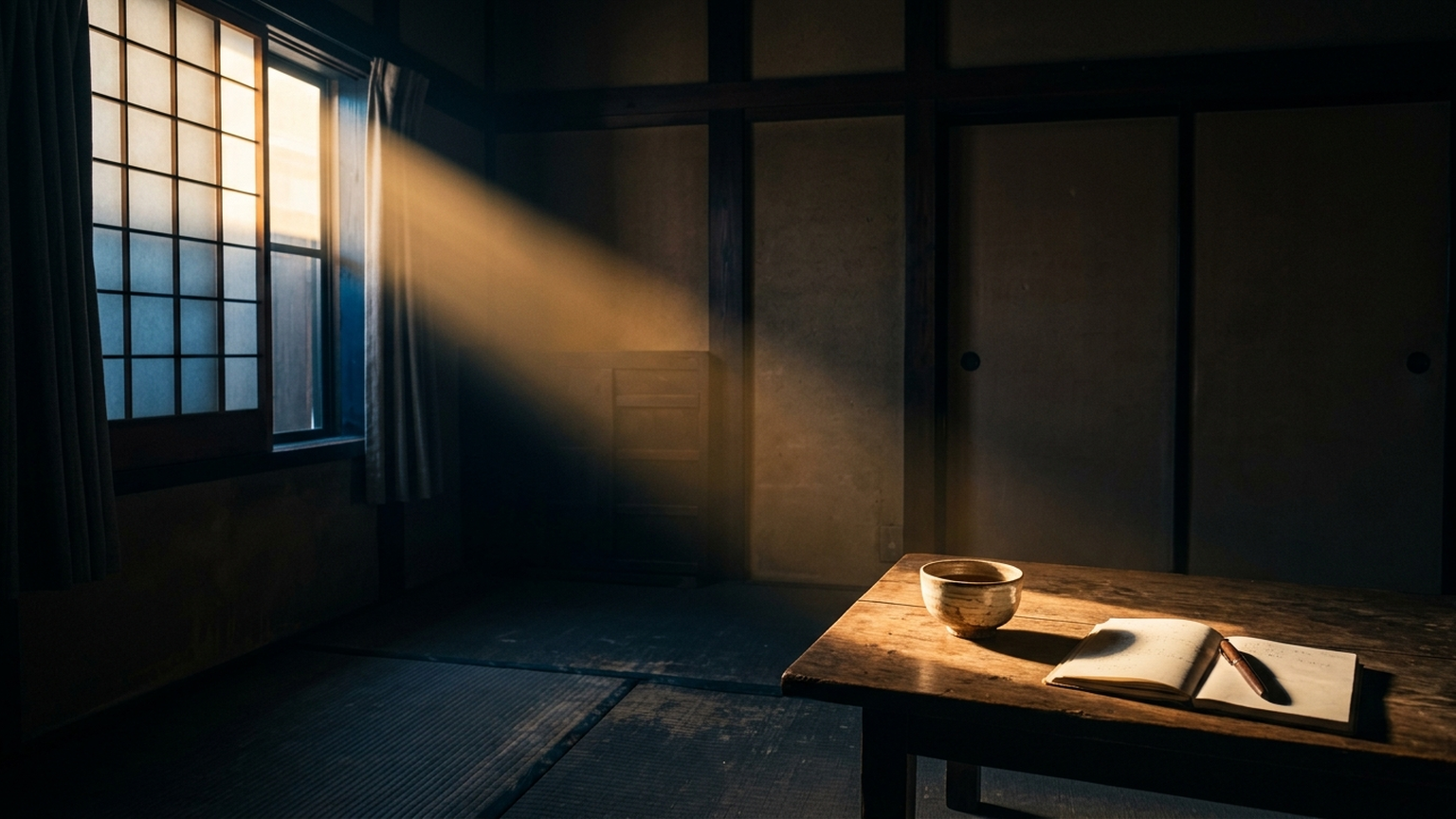 夜、静かな和室に差し込む光と机の上のノート