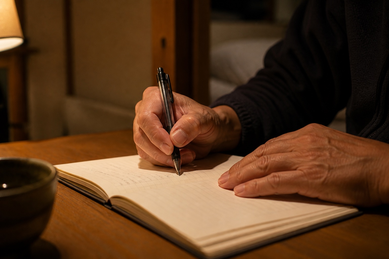 夜、読書灯の下でノートに言葉を書き留める場面（ネガティブな言葉を書き換える実践）